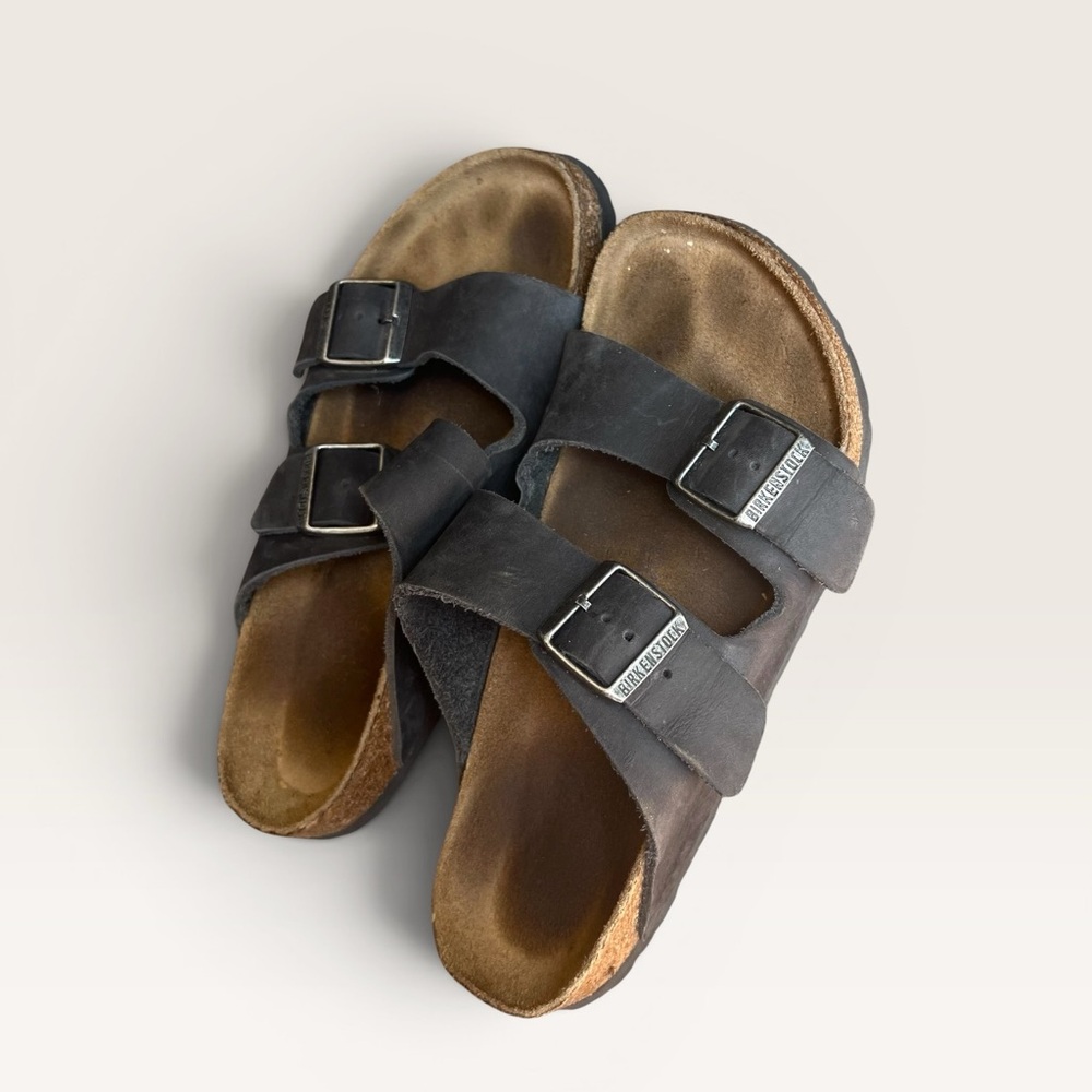 Birkenstock Arizona Black Leather Sandals Size 8 Double Strap Buckle Slides - Picture 6 of 10